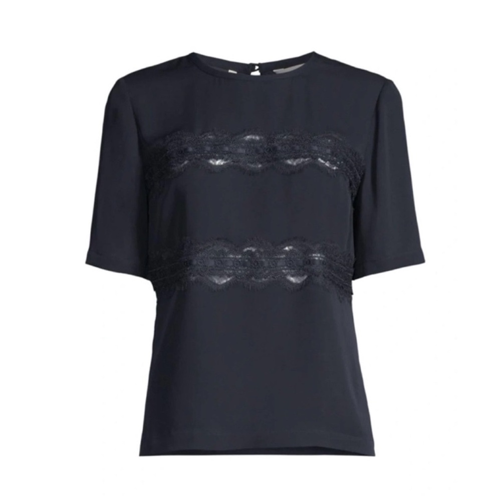 NWT REBECCA TAYLOR Lace Stripe Silk Top In Dark Navy Size XS - Picture 2 of 16
